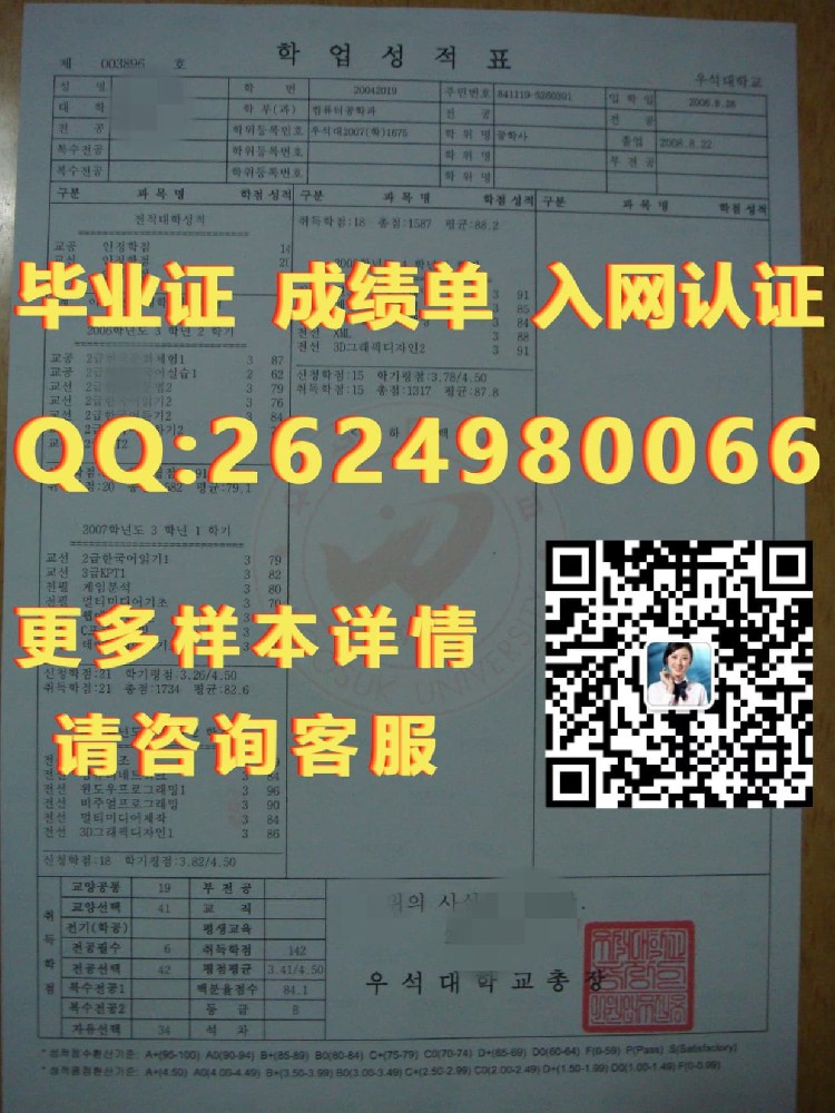 韩国湖南大学成绩单海外大学毕业证|文凭|成绩单|学位证书模板图片样本
